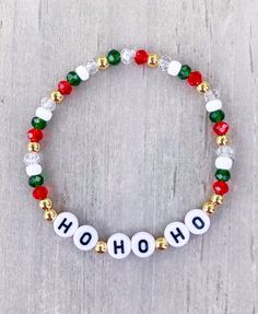 Christmas Bracelet Stack / Christmas Bracelets / Holiday Bracelets / Ho Ho Ho Bracelet / Christmas Flower Bracelet 18k Gold Filled Bracelets - Etsy Christmas Bracelet Ideas Glass Beads, Kandi Cuff Ideas, Christmas Bracelet Ideas, World Of Wearable Art, Kandi Cuffs, Holiday Bracelets