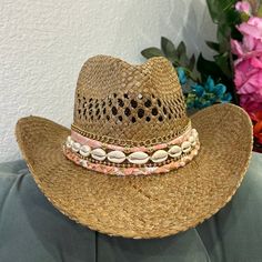 This coastal cowgirl hat has bright coral fabric with gold details and shells. A coastal cowgirls dream! All hats are around 22-24 inches inside but come with an adjustable string that can tighten the hat inside. Check out my Instagram @delisico *PLEASE MESSAGE ME IF YOU NEED FOR A SPECIFIC DATE. BIRTHDAY, CONCERT, EVENT* Cowgirl Straw Hat, Coastal Cowgirl Hat, Boho Street Style, Coral Fabric, Cowgirl Hat, Coastal Cowgirl, Cowgirl Hats, Hats For Sale, Miami Fl