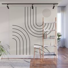 a modern living room with white walls and wood flooring wallpaper mural print on the wall