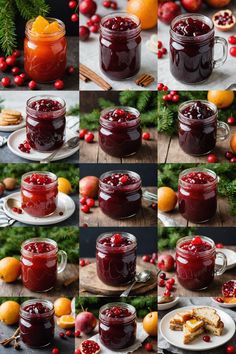 various shots of cranberry sauce in jars