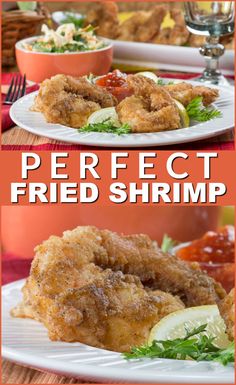 two plates with fried shrimp on them and the words perfect fried shrimp in red letters