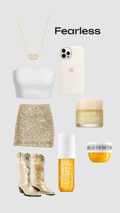 the contents of a white top, gold skirt and shoes