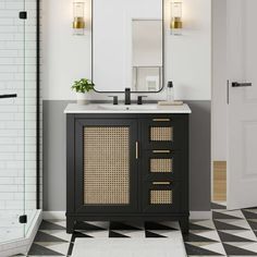 a bathroom with a sink, mirror and tiled floor