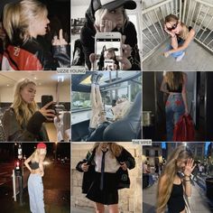 many different pictures of people and their cell phones, including one woman in a hat