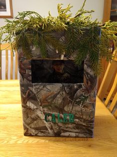 a camo bag sitting on top of a table next to a potted plant