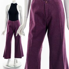 "- 60s/70s dark purple wool trousers - button and zipper front closure - high waist - bell bottoms Fits like:  M Material:  Wool Blend Condition:  Great Clipped on Mannequin:  No ✂ SIZE + FIT ✂ Length: 38\" / 97 cm Waist: 32\" / 81 cm Hips: 38\" / 97 cm Inseam: 29\" / 74 cm Rise: 20\" / 51 cm All measurements are taken with garment lying flat. ALWAYS refer to measurements as vintage sizes can vary greatly from today's modern sizes. We recommend comparing measurements above with a similar style garment you own for best fit before purchasing.  DRESS FORM / MANNEQUIN is wearing the size detailed above but she typically measures a size 4/6 by modern retail sizes or a general size small. Belt Accessories and other clothes are NOT included. ▲▲All Garments Have Been Laundered/Steamed or Dry Clean Retro Fitted Wool Bottoms, Retro Wool Bottoms For Fall, Fitted Vintage Wool Pants, Fitted Retro Purple Bottoms, Retro Fitted Purple Bottoms, Wool Gifts, Dress Form Mannequin, Small Belt, Wool Trousers