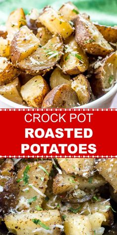 crock pot roasted potatoes with parmesan cheese on top in a white bowl