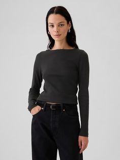 Modern Rib Boatneck T-Shirt | Gap Trendy Stretch Tops By Gap, Trendy Stretch Tops From Gap, Gap Relaxed Fit Tops For Fall, Gap Tops For Everyday Fall Wear, Everyday Gap Tops For Fall, Gap Everyday Tops For Fall, Gap Everyday Fall Tops, Gap Fitted Tops For Fall, Trendy Everyday Gap Tops