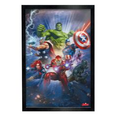 the avengers movie poster is hanging on a wall in front of a black framed frame