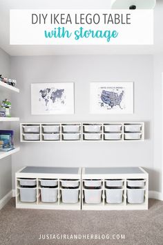 a room with white storage bins and pictures on the wall