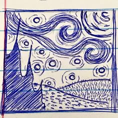 a drawing of the night sky with stars and swirls in it, on lined paper