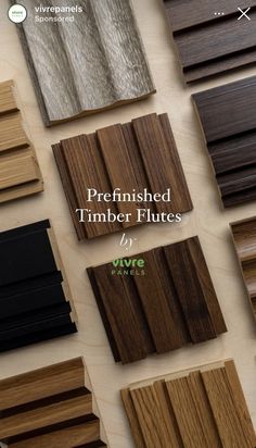 various types of wood flooring samples with the words prefinished timber flutes on them