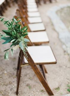 a row of wooden chairs with plants on them