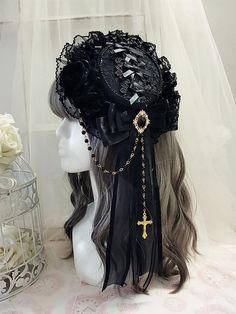 Handmade Elegant Gothic Cross Bowknot Mini Flat Hat with Hairclip Goth Hat, Victorian Accessories, Flat Hat, Gothic Hairstyles, Rose Hat, Goth Accessories, Pretty Hats, Gothic Cross, Elegant Gothic