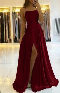 Spaghetti-Straps Prom Dress With Slit PD0178 Cocktail Prom Dress, Evening Gala, Designer Bridesmaid Dresses, Spaghetti Strap Prom Dress, Maxi Robes, Dress Satin, Women Maxi, Long Bridesmaid Dresses, Womens Designer Fashion