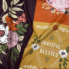 two blankets with flowers on them and the words grateful, happy, and give thanks