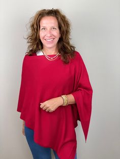 Eden Poncho-Scarlet. Cozy Cashmere Cape, Casual One-size Poncho, One Size Cashmere Poncho For Layering, Versatile Fall Poncho, Oversized Solid Poncho For Layering, Red One-size Poncho Cape, Red One-size Cape Poncho, One Size Cashmere Wraps For Fall, Red One Size Cape Poncho