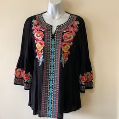 Beautiful Embroidered Black Top. Made Of 100% Rayon Black Summer Blouse With Embroidered Sleeves, Black Embroidered Hem Top For Summer, Casual Black Embroidered V-neck Top, Black Bohemian Top With Embroidered Hem, Black Tops With Embroidered Hem For Fall, Black Bohemian Blouse With Embroidered Sleeves, Black Embroidered Hem Blouse For Spring, Black Blouse With Embroidered Hem For Spring, Black Cotton Tops With Intricate Embroidery