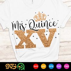 a white shirt with gold glitter letters and a crown on it