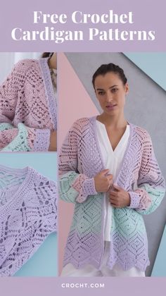 the crochet cardigan pattern is shown in three different styles and sizes, including one