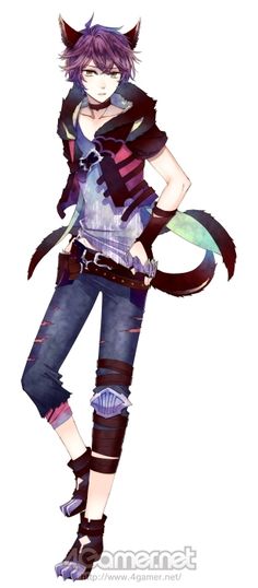 an anime character with purple hair and horns standing in front of a white background wearing blue jeans