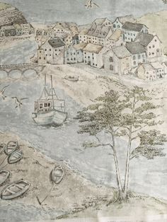 a drawing of boats and houses on the shore