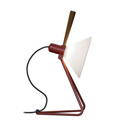 a red and white desk lamp with a wooden base