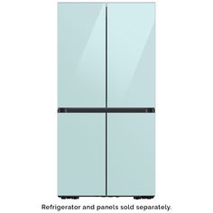 the refrigerator has two doors and is light blue with black trimmings on it