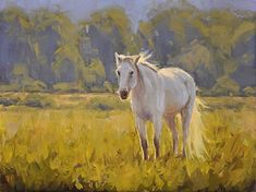 a painting of a white horse standing in a grassy field with trees in the background