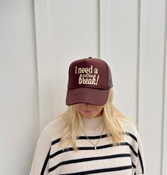 The perfect hat for the coffee lovers out there! This hat is perfect to fall to wear when you need a (coffee) break! Brown foam trucker hat with cream colored text! Trendy Brown Trucker Hat, Trendy Fall Hats As Gifts, Trendy Brown Hat With Letter Print, Brown Baseball Cap As A Gift, Brown Trucker Cap For Everyday, Brown Letter Print Hat, One Size Fits Most, Brown Letter Print Hat, Date Coffee, Christmas Party Hats