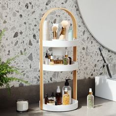 a bathroom counter with three tiered shelves on it and a plant in the corner