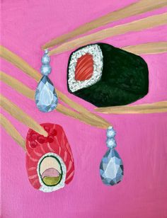 a painting of sushi and chopsticks on a pink background with blue beads