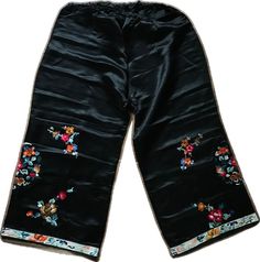 Black Bottoms For Pajama Party In Spring, Traditional Black Bottoms For Spring, Black Pants For Summer Pajama Party, Black Pajama Pants, Embroidered Pajamas, Black Pajamas, Green Cherries, Pants Large, Satin Pajamas