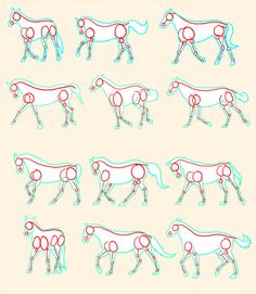 an image of horses that are drawn in blue and red lines on white paper,