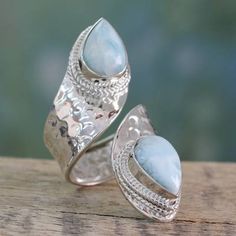 Wrap Style Ring in Sterling Silver with Larimar Gems - Dreamy Duo | NOVICA Moonstone Wedding Band, Silver Engagement Ring, Sterling Silver Engagement Rings, Wedding Band Ring, Silver Engagement Rings, Wrap Rings, Jewelry Party, Silver Bracelets, Band Ring