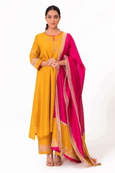 Golden yellow A-line kurta with embroidery along the neckline and sleeves. Paired with a pant and tissue applique work dupatta. - Aza Fashions Applique Work, Women Kurta, A Line Kurta, Straight Kurta, Kurta With Pants, Gold Thread, Set Women, Pants Pattern, Pant Set