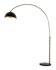 a black and gold floor lamp on a white background with the light turned off to show its dim lighting