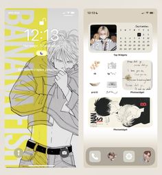 an image of a cell phone screen with anime characters on the back and yellow background