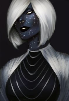 a woman with white hair and blue makeup is dressed in black and silver, while she has stars on her face