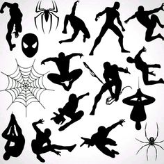 the silhouettes of people in various poses for halloween decorations, including spider - man and web