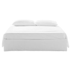 a bed with white linens and pillows on top of it, against a white background