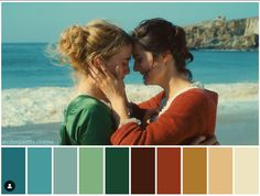 two women embracing each other in front of the ocean with color swatches to match