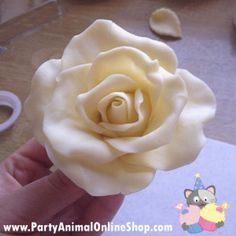 a hand holding a yellow rose with white frosting on it's petals and surrounded by confetti cones