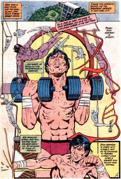 a comic page with an image of a man holding two dumbbells in front of him