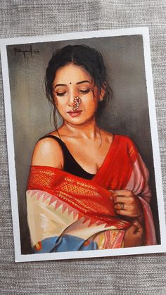 a painting of a woman with piercings on her nose and chest, wearing a red sari