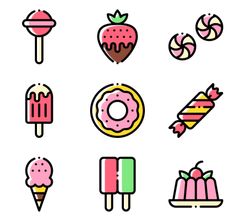 different types of food and desserts on a white background, including donuts, ice cream