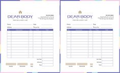 two sheets of paper with the words dear body and dear body written on each side