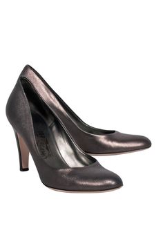 Current Boutique-Ferragamo - Gunmetal Leather Pumps Sz 9 Modern Metallic Heels In Metallic Leather, Modern Metallic Heels, Silver Leather Heels With Deep Heel Cup, Chic Metallic Heels With 4-inch Heel, Modern Metallic Leather Heels, Metallic Heels For Evening In Fall, Glamorous Heels For Work, Metallic Leather High Heels With Padded Heel, Metallic Leather Heels With Sculpted Heel