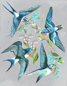 four blue birds are flying in the air with flowers and leaves around them on a gray background