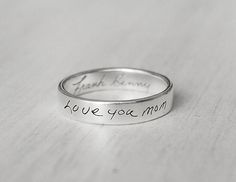 Actual Handwriting Band Ring Personalized Signature Ring | Etsy Daughter Rings, Handwritten Jewelry, Handwriting Signature, Mom Memorial, Picture Jewelry, Signature Ring, Coordinates Jewelry, Signature Rings, Handwriting Jewelry